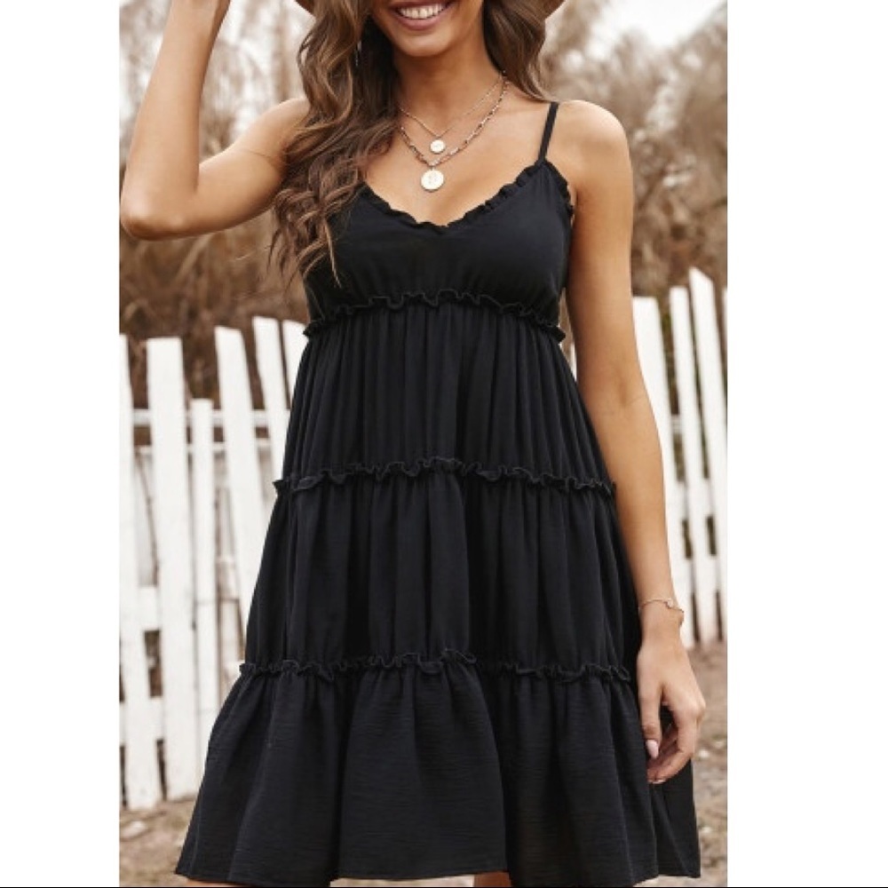 Black Spaghetti Straps Ruched Ruffled Mini Dress - Picture 2 of 5